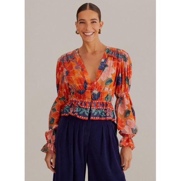 Farm Rio Marias Floral Plunge Neck Peplum Top Blouse Orange Medium NWT - Picture 1 of 17
